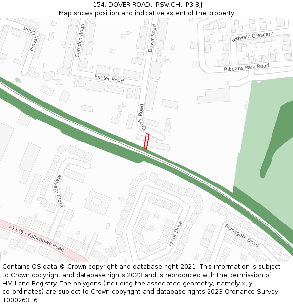 154, DOVER ROAD, IPSWICH, IP3 8JJ: Location map and indicative extent of plot