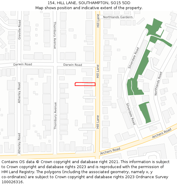 154, HILL LANE, SOUTHAMPTON, SO15 5DD: Location map and indicative extent of plot