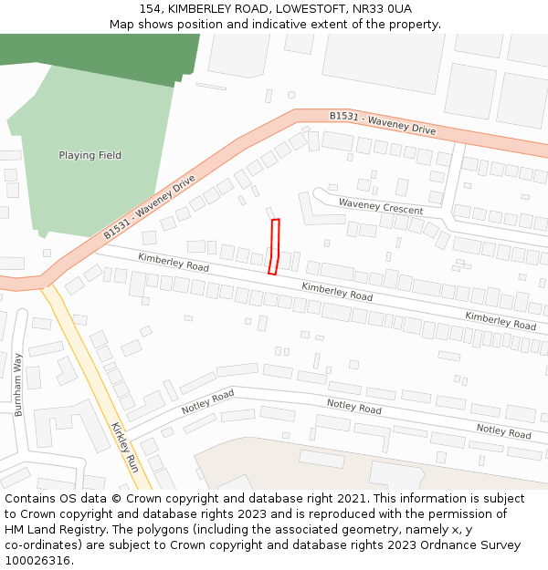 154, KIMBERLEY ROAD, LOWESTOFT, NR33 0UA: Location map and indicative extent of plot