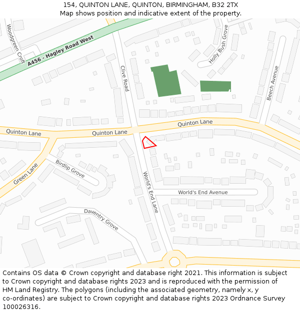 154, QUINTON LANE, QUINTON, BIRMINGHAM, B32 2TX: Location map and indicative extent of plot