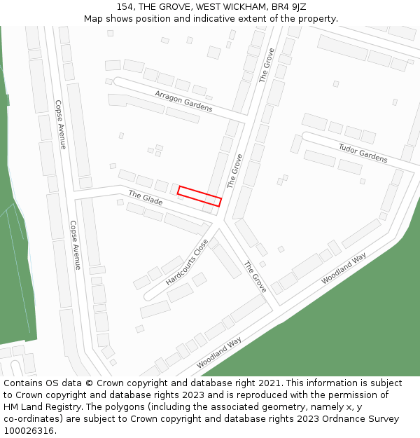 154, THE GROVE, WEST WICKHAM, BR4 9JZ: Location map and indicative extent of plot