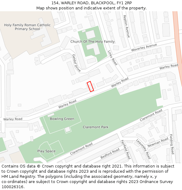 154, WARLEY ROAD, BLACKPOOL, FY1 2RP: Location map and indicative extent of plot