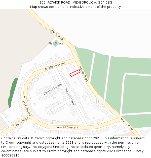 155, ADWICK ROAD, MEXBOROUGH, S64 0BG: Location map and indicative extent of plot