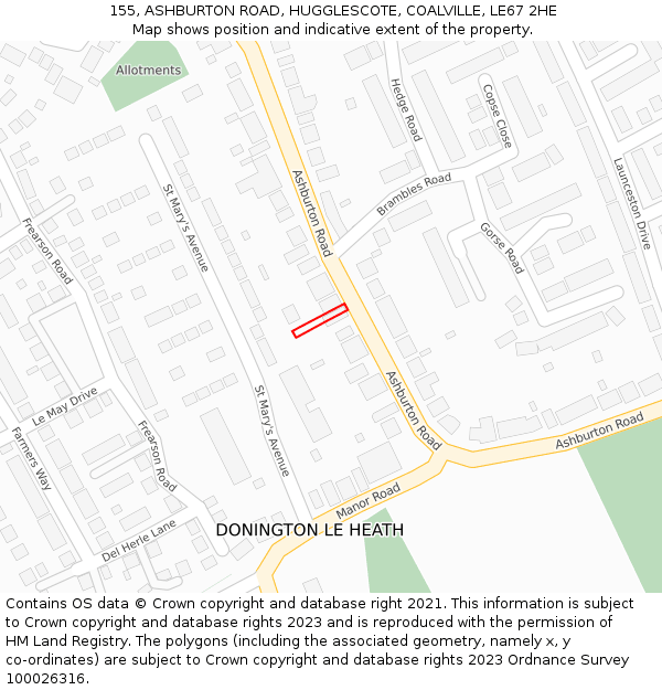 155, ASHBURTON ROAD, HUGGLESCOTE, COALVILLE, LE67 2HE: Location map and indicative extent of plot