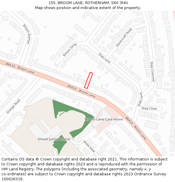 155, BROOM LANE, ROTHERHAM, S60 3NN: Location map and indicative extent of plot