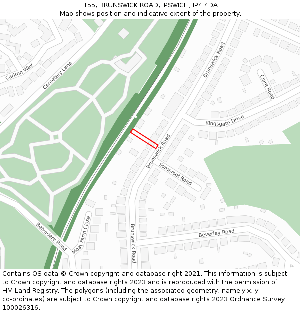 155, BRUNSWICK ROAD, IPSWICH, IP4 4DA: Location map and indicative extent of plot