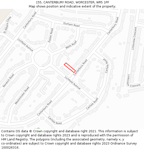155, CANTERBURY ROAD, WORCESTER, WR5 1PF: Location map and indicative extent of plot