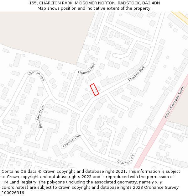155, CHARLTON PARK, MIDSOMER NORTON, RADSTOCK, BA3 4BN: Location map and indicative extent of plot