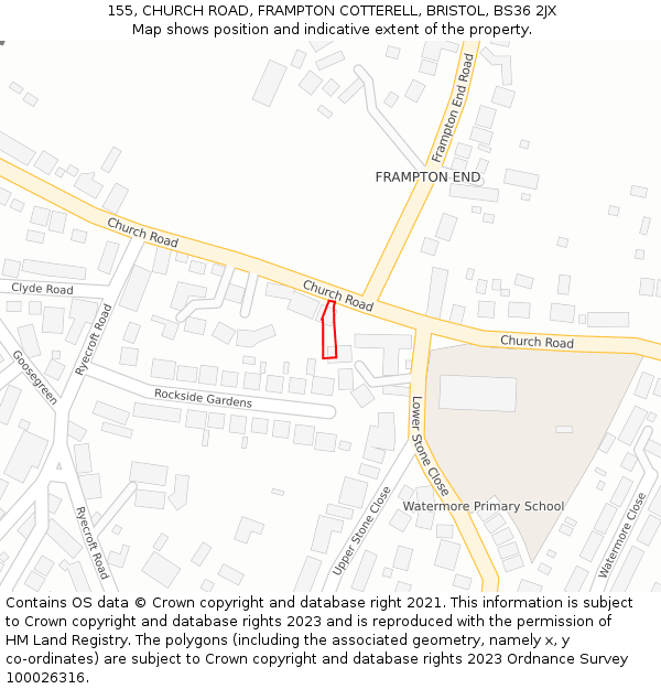 155, CHURCH ROAD, FRAMPTON COTTERELL, BRISTOL, BS36 2JX: Location map and indicative extent of plot