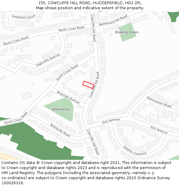 155, COWCLIFFE HILL ROAD, HUDDERSFIELD, HD2 2PL: Location map and indicative extent of plot