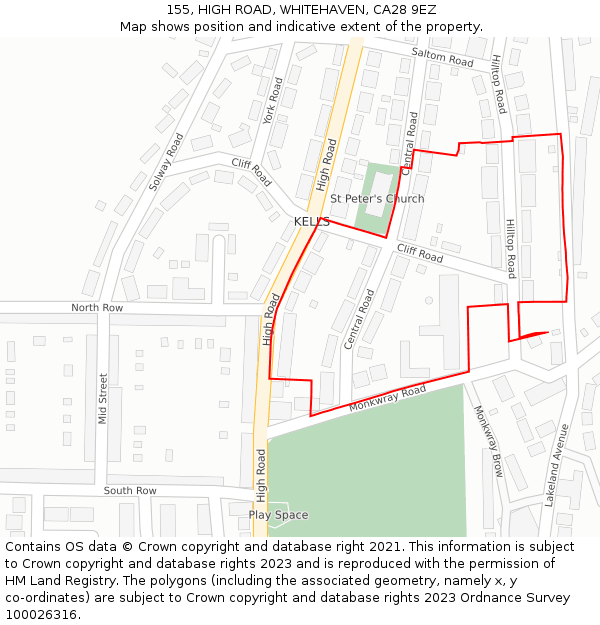 155, HIGH ROAD, WHITEHAVEN, CA28 9EZ: Location map and indicative extent of plot