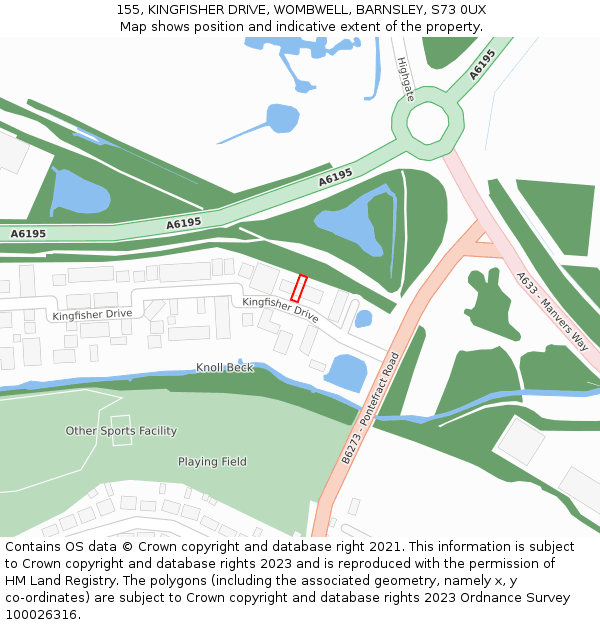 155, KINGFISHER DRIVE, WOMBWELL, BARNSLEY, S73 0UX: Location map and indicative extent of plot