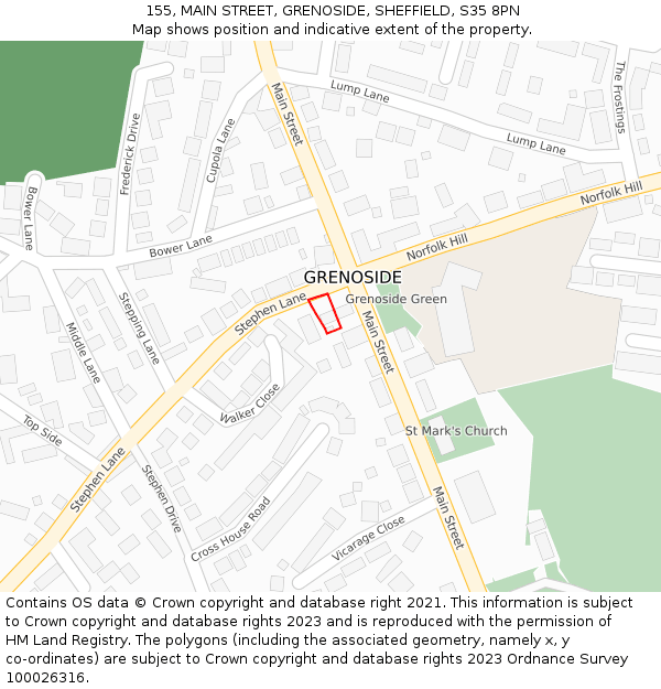 155, MAIN STREET, GRENOSIDE, SHEFFIELD, S35 8PN: Location map and indicative extent of plot