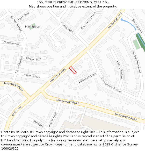 155, MERLIN CRESCENT, BRIDGEND, CF31 4QL: Location map and indicative extent of plot