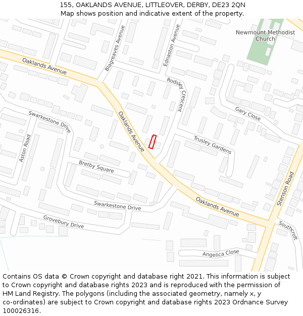 155, OAKLANDS AVENUE, LITTLEOVER, DERBY, DE23 2QN: Location map and indicative extent of plot