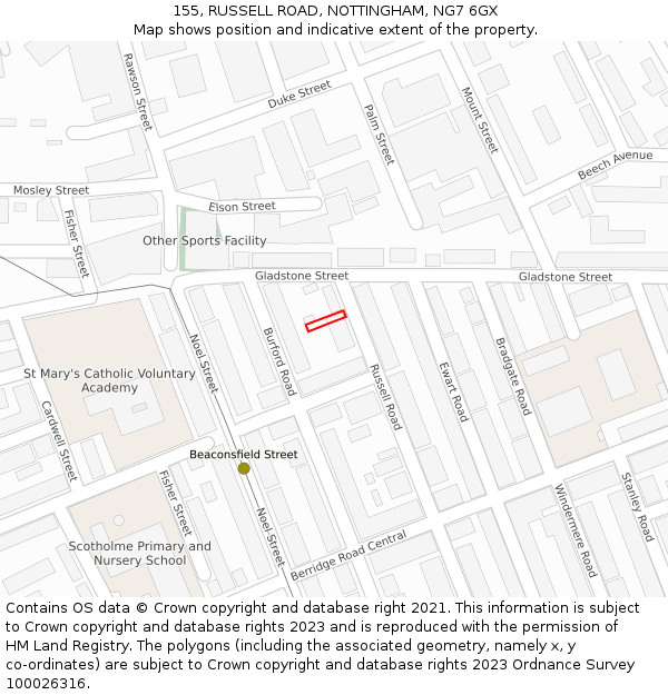 155, RUSSELL ROAD, NOTTINGHAM, NG7 6GX: Location map and indicative extent of plot