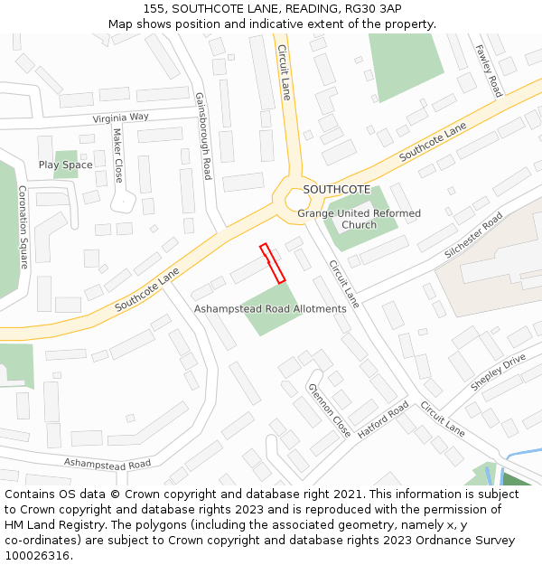 155, SOUTHCOTE LANE, READING, RG30 3AP: Location map and indicative extent of plot