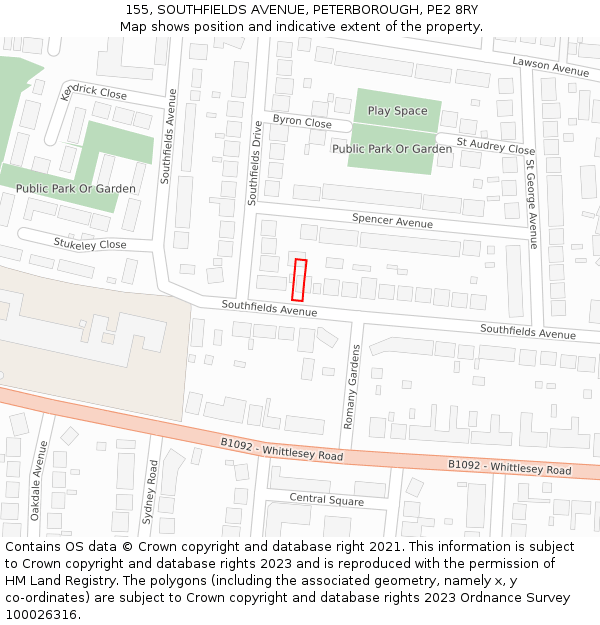 155, SOUTHFIELDS AVENUE, PETERBOROUGH, PE2 8RY: Location map and indicative extent of plot