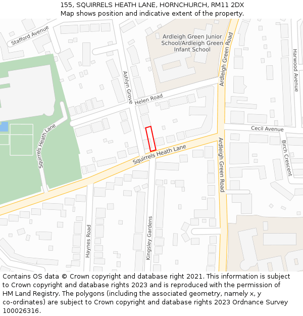 155, SQUIRRELS HEATH LANE, HORNCHURCH, RM11 2DX: Location map and indicative extent of plot