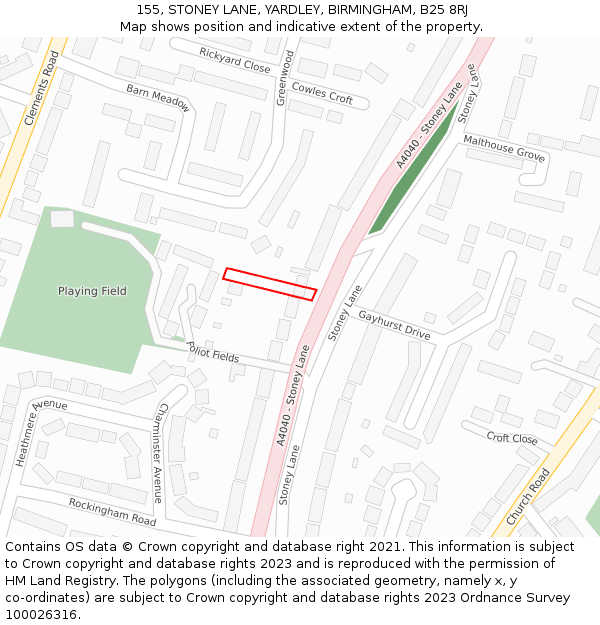 155, STONEY LANE, YARDLEY, BIRMINGHAM, B25 8RJ: Location map and indicative extent of plot