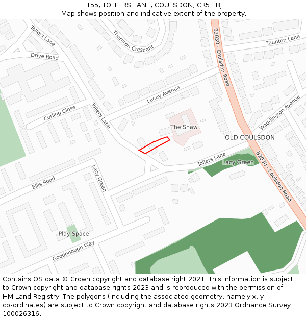 155, TOLLERS LANE, COULSDON, CR5 1BJ: Location map and indicative extent of plot