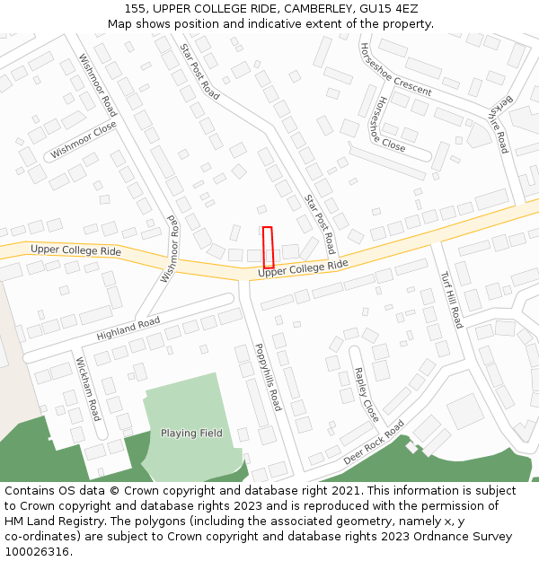 155, UPPER COLLEGE RIDE, CAMBERLEY, GU15 4EZ: Location map and indicative extent of plot