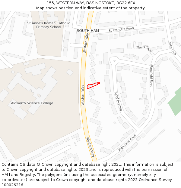 155, WESTERN WAY, BASINGSTOKE, RG22 6EX: Location map and indicative extent of plot