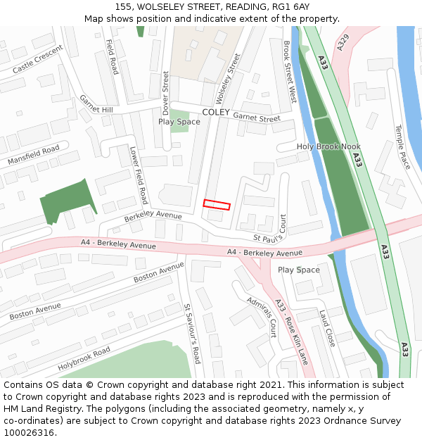 155, WOLSELEY STREET, READING, RG1 6AY: Location map and indicative extent of plot