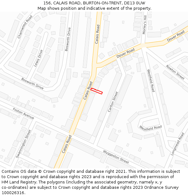 156, CALAIS ROAD, BURTON-ON-TRENT, DE13 0UW: Location map and indicative extent of plot
