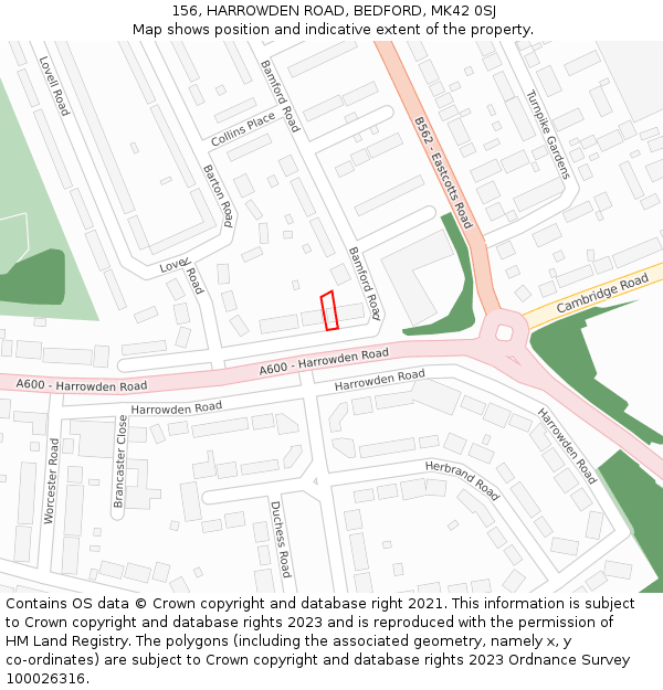 156, HARROWDEN ROAD, BEDFORD, MK42 0SJ: Location map and indicative extent of plot