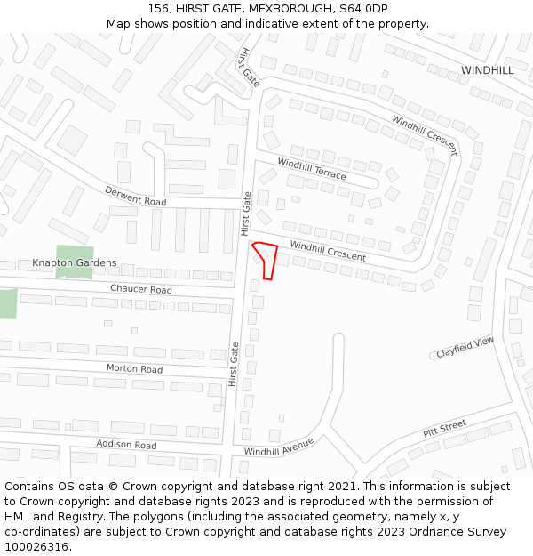 156, HIRST GATE, MEXBOROUGH, S64 0DP: Location map and indicative extent of plot