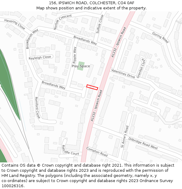 156, IPSWICH ROAD, COLCHESTER, CO4 0AF: Location map and indicative extent of plot