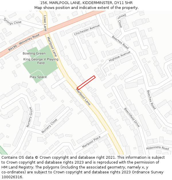 156, MARLPOOL LANE, KIDDERMINSTER, DY11 5HR: Location map and indicative extent of plot
