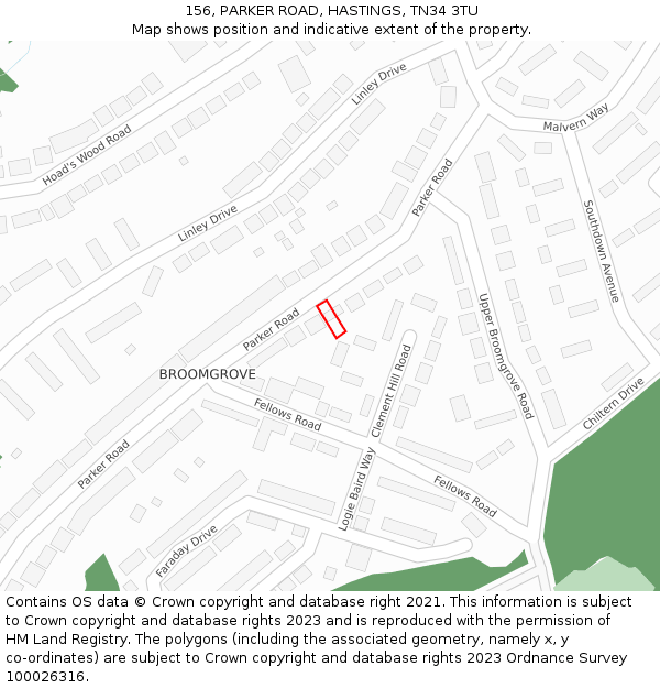 156, PARKER ROAD, HASTINGS, TN34 3TU: Location map and indicative extent of plot