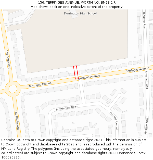 156, TERRINGES AVENUE, WORTHING, BN13 1JR: Location map and indicative extent of plot
