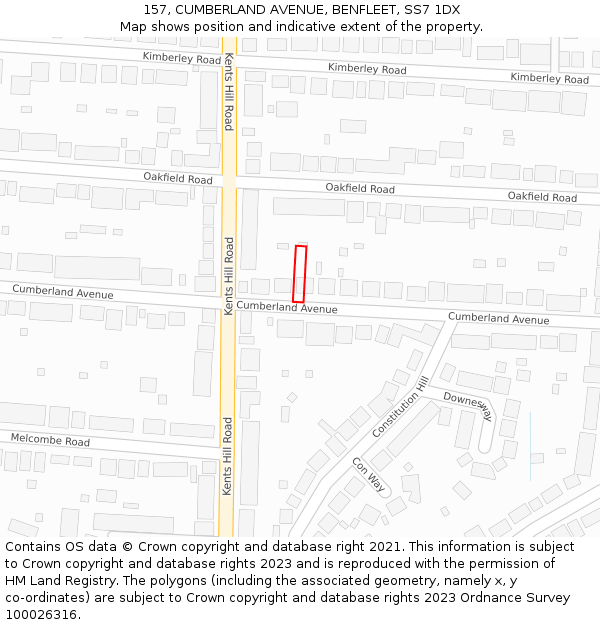 157, CUMBERLAND AVENUE, BENFLEET, SS7 1DX: Location map and indicative extent of plot