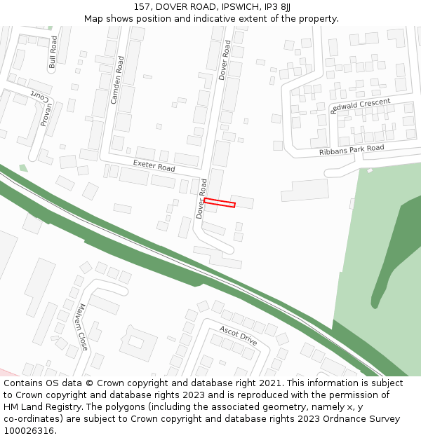 157, DOVER ROAD, IPSWICH, IP3 8JJ: Location map and indicative extent of plot