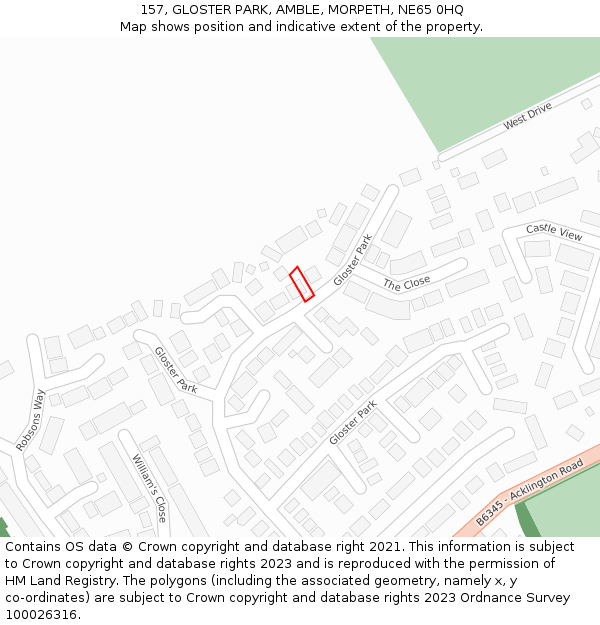 157, GLOSTER PARK, AMBLE, MORPETH, NE65 0HQ: Location map and indicative extent of plot