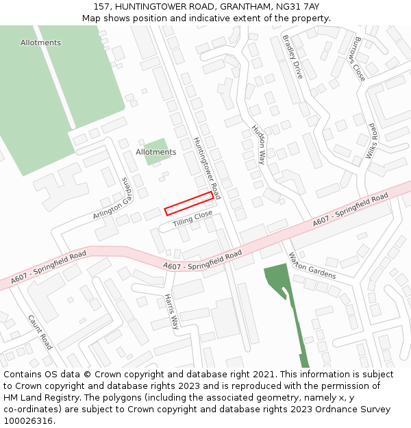 157, HUNTINGTOWER ROAD, GRANTHAM, NG31 7AY: Location map and indicative extent of plot