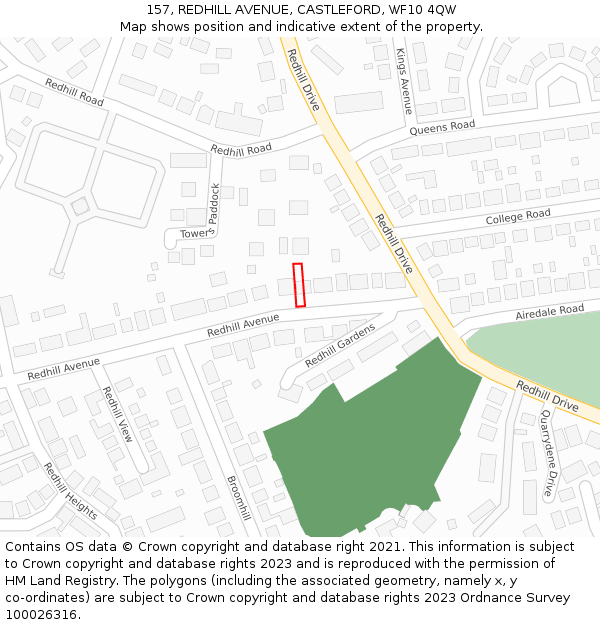 157, REDHILL AVENUE, CASTLEFORD, WF10 4QW: Location map and indicative extent of plot