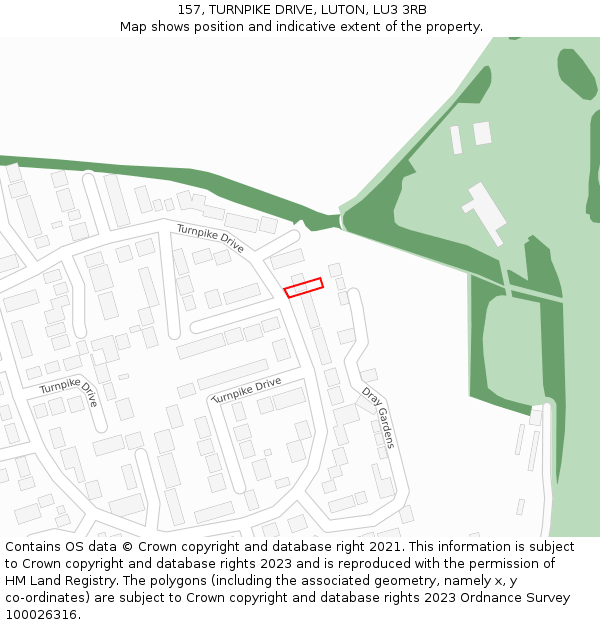 157, TURNPIKE DRIVE, LUTON, LU3 3RB: Location map and indicative extent of plot