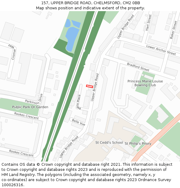 157, UPPER BRIDGE ROAD, CHELMSFORD, CM2 0BB: Location map and indicative extent of plot