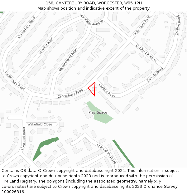 158, CANTERBURY ROAD, WORCESTER, WR5 1PH: Location map and indicative extent of plot