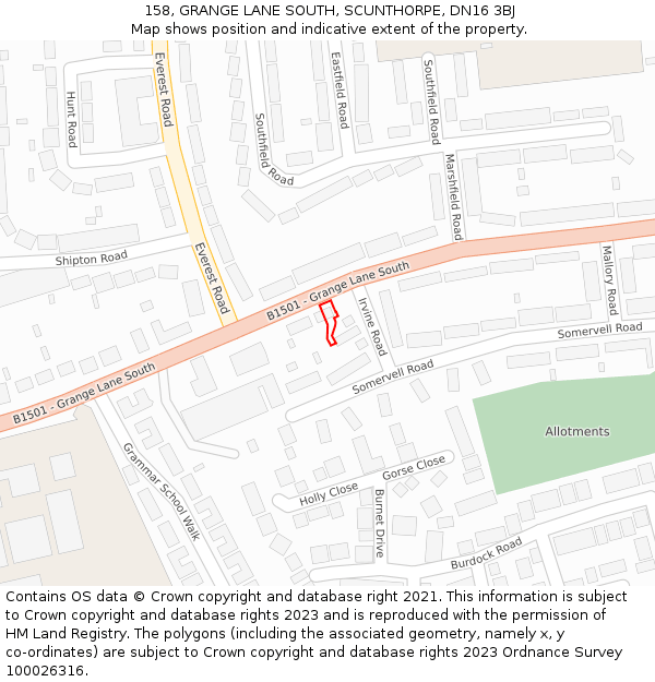 158, GRANGE LANE SOUTH, SCUNTHORPE, DN16 3BJ: Location map and indicative extent of plot