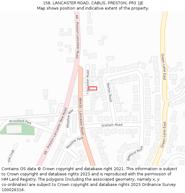 158, LANCASTER ROAD, CABUS, PRESTON, PR3 1JE: Location map and indicative extent of plot