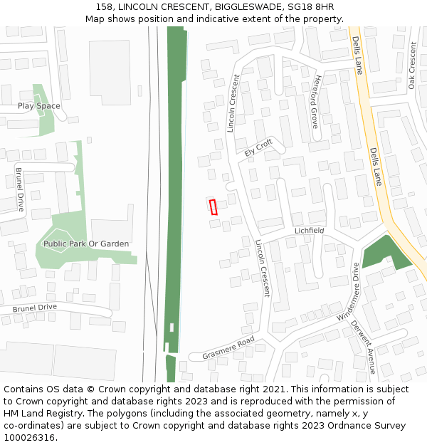 158, LINCOLN CRESCENT, BIGGLESWADE, SG18 8HR: Location map and indicative extent of plot