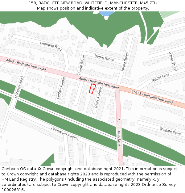 158, RADCLIFFE NEW ROAD, WHITEFIELD, MANCHESTER, M45 7TU: Location map and indicative extent of plot