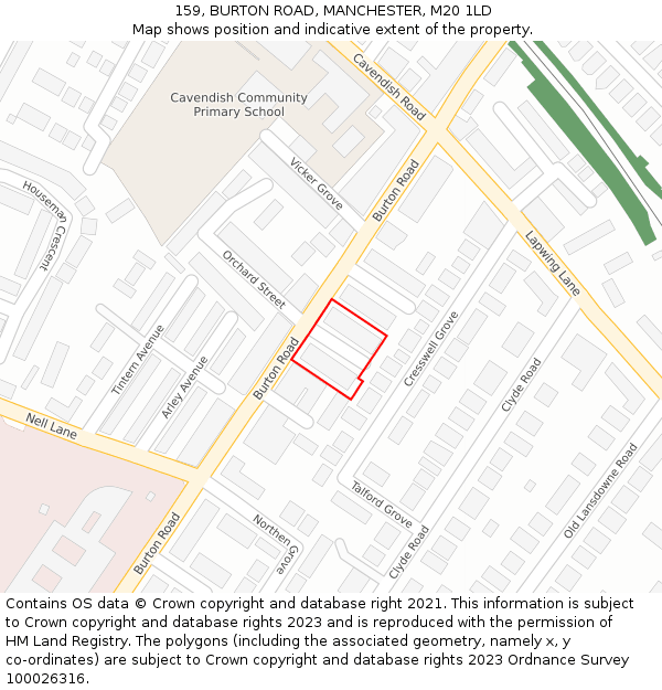 159, BURTON ROAD, MANCHESTER, M20 1LD: Location map and indicative extent of plot