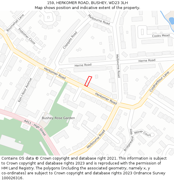 159, HERKOMER ROAD, BUSHEY, WD23 3LH: Location map and indicative extent of plot