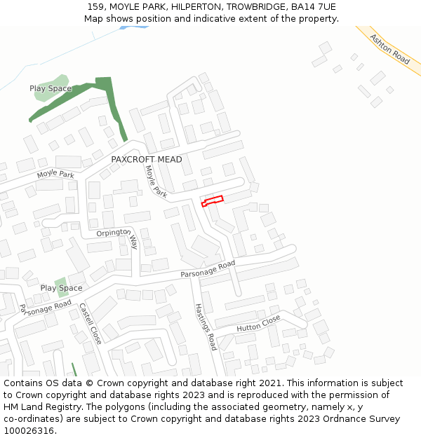 159, MOYLE PARK, HILPERTON, TROWBRIDGE, BA14 7UE: Location map and indicative extent of plot